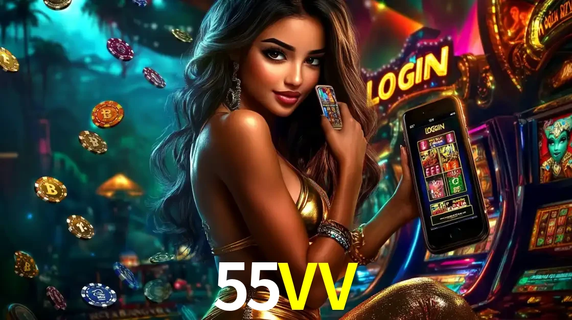 Mulher em um cenário de cassino temático de aventura, mostrando o app de caça-níqueis da 55VV no celular. Fichas de apostas flutuam ao redor.
