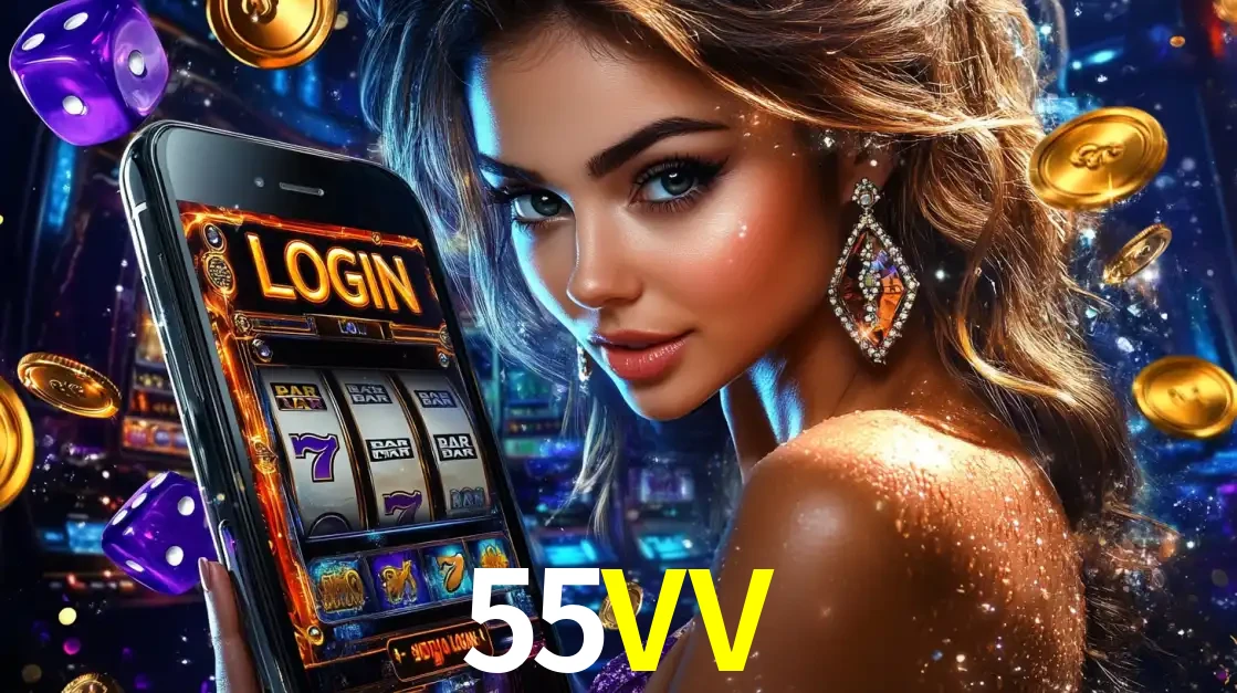 Mulher glamorosa segurando um smartphone com a tela de login para os jogos de caça-níqueis do cassino online 55VV, com moedas de ouro e dados ao redor.